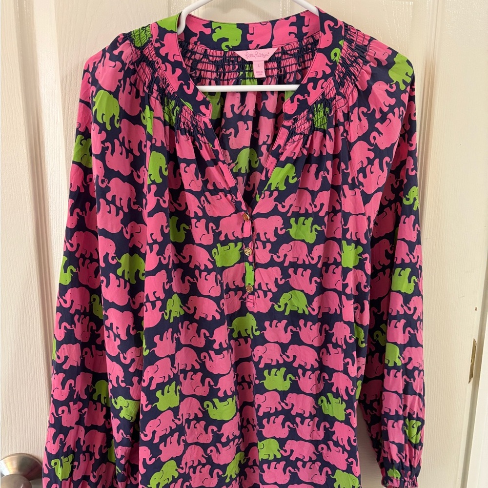 Lilly Pulitzer Pink and Green Elephant Silk Elsa Blouse size L